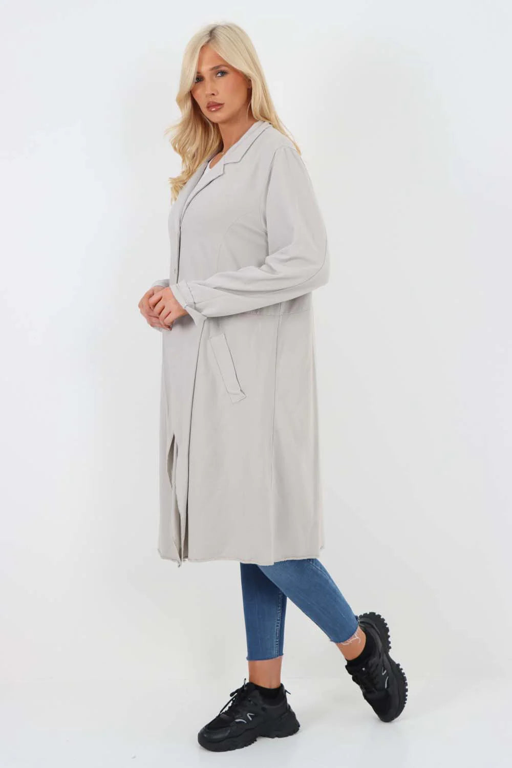 Italian Front Button Fastening Longline Cotton Cardigan - Grey