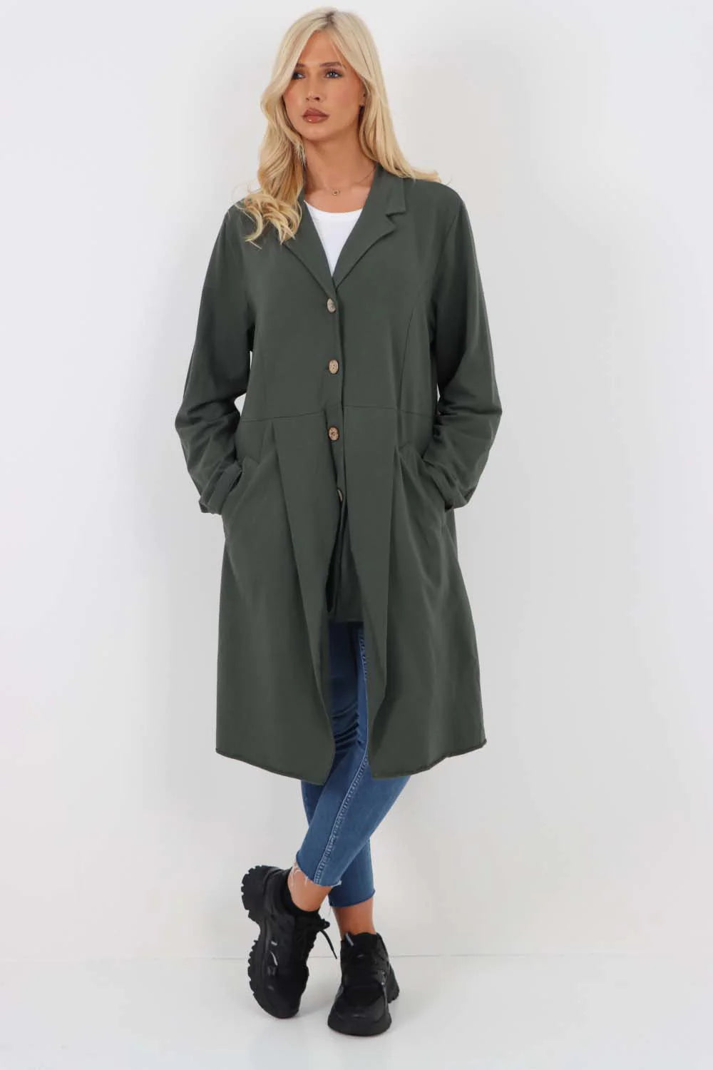 Italian Front Button Fastening Longline Cotton Cardigan - Khaki