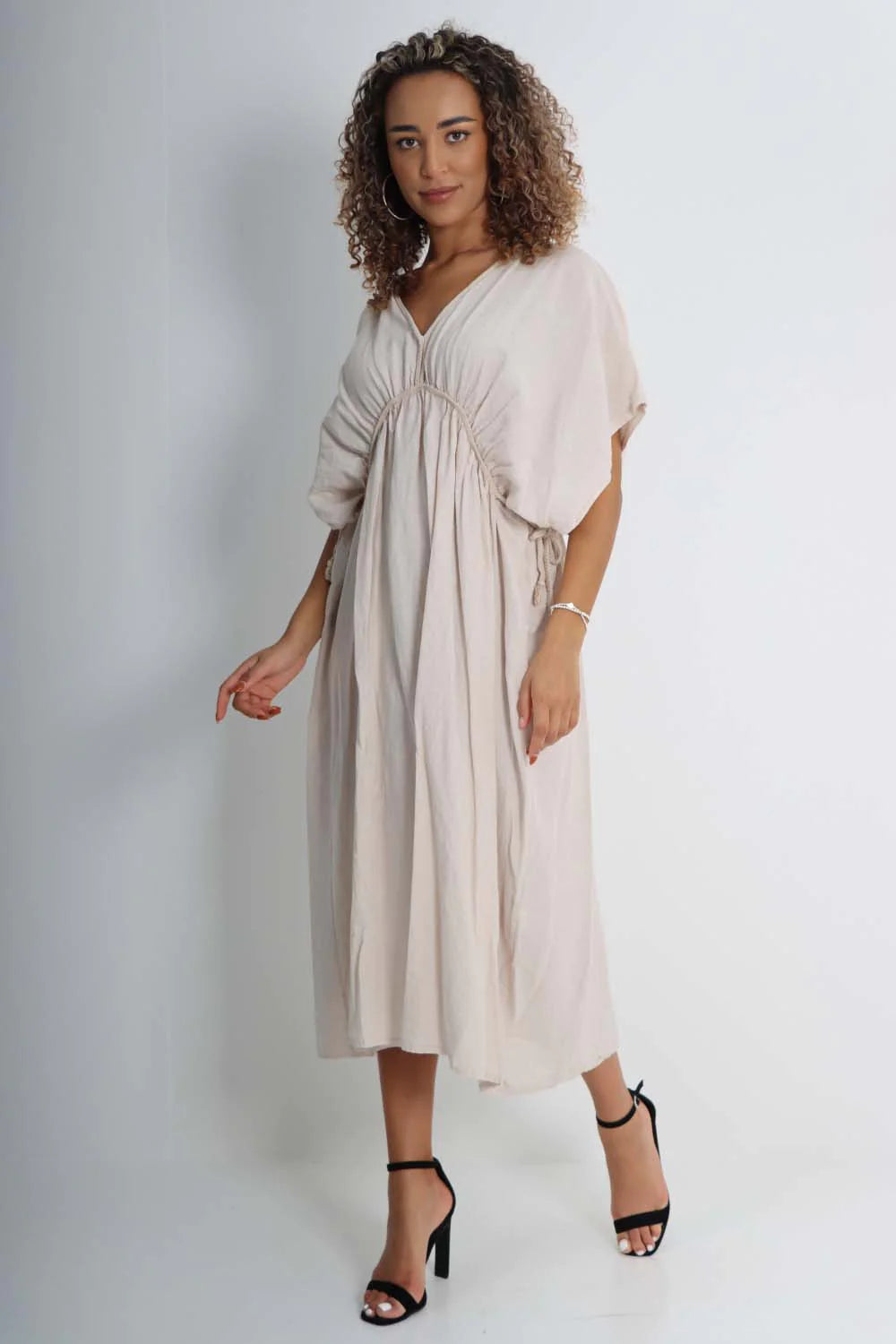 Italian Drawestring Front Flared Linen Dress - Beige