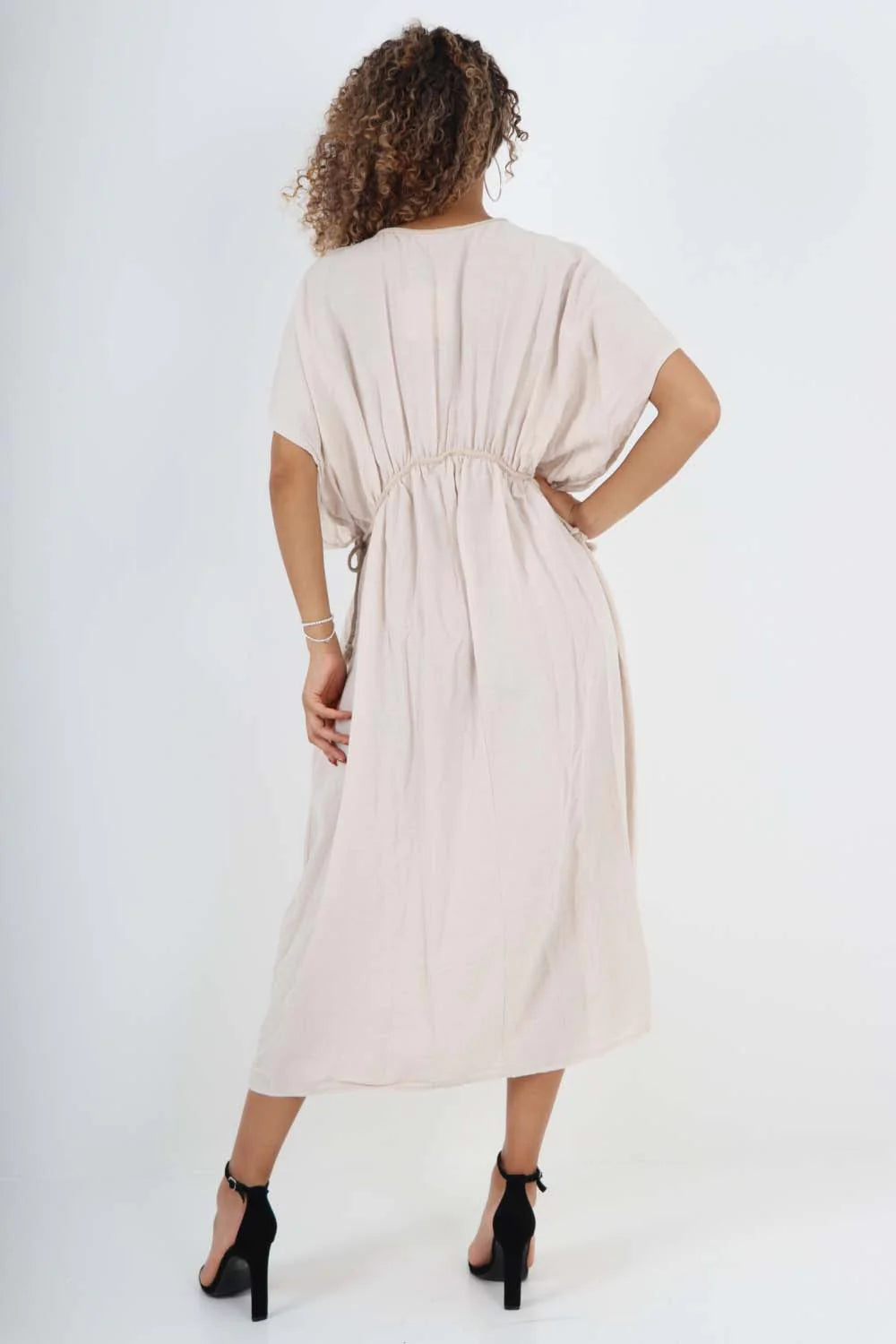 Italian Drawestring Front Flared Linen Dress - Beige