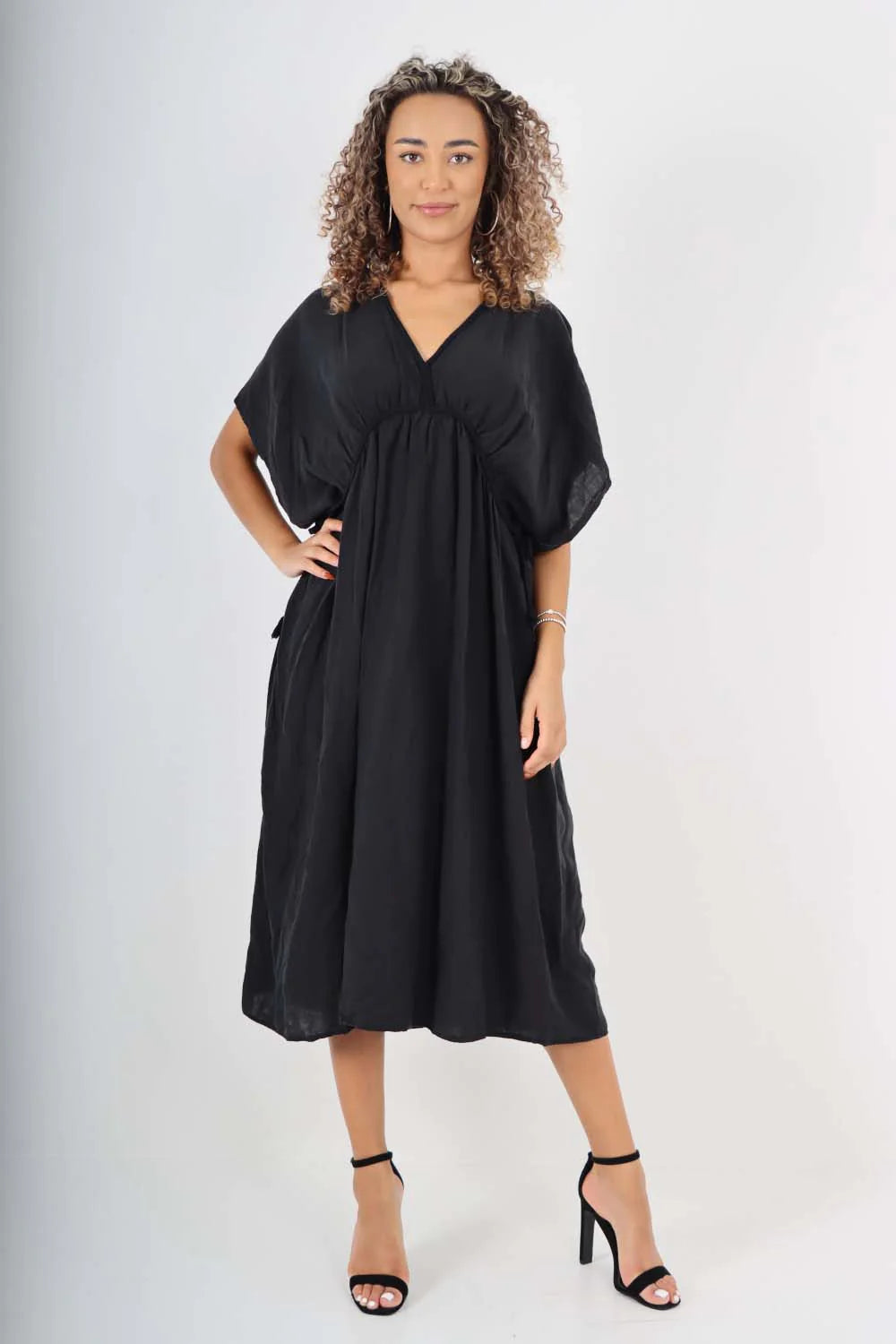 Italian Drawestring Front Flared Linen Dress - Black