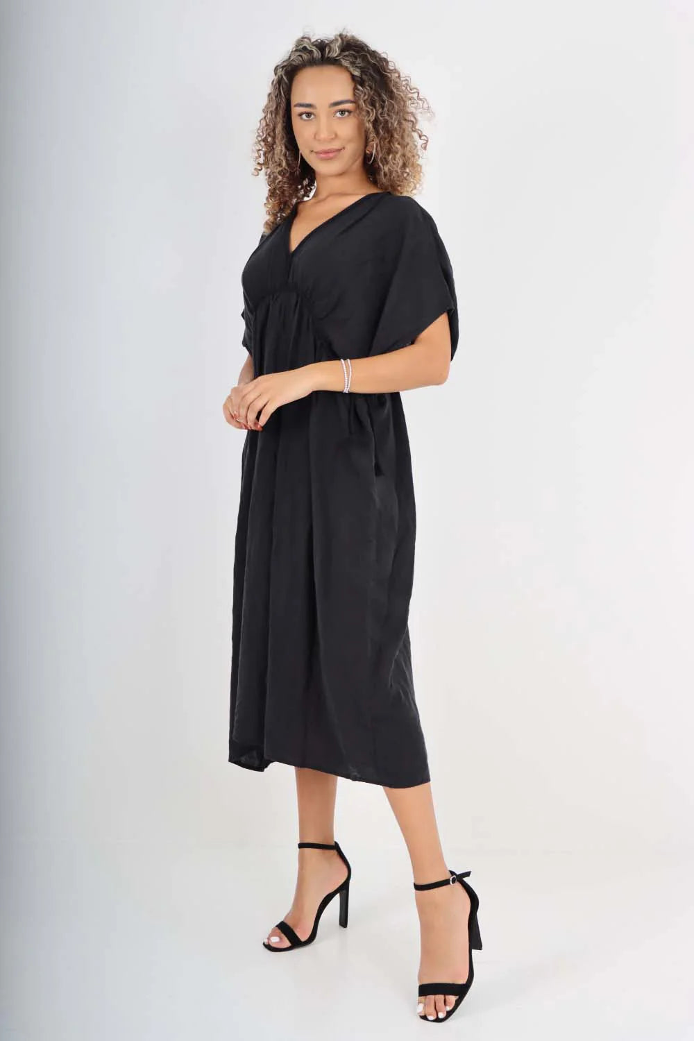 Italian Drawestring Front Flared Linen Dress - Black