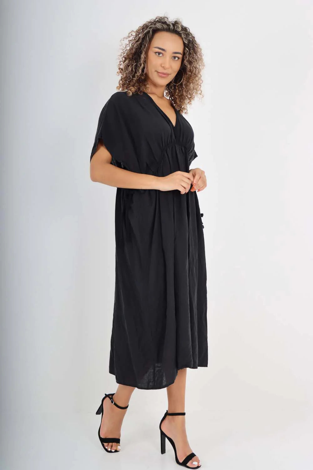 Italian Drawestring Front Flared Linen Dress - Black