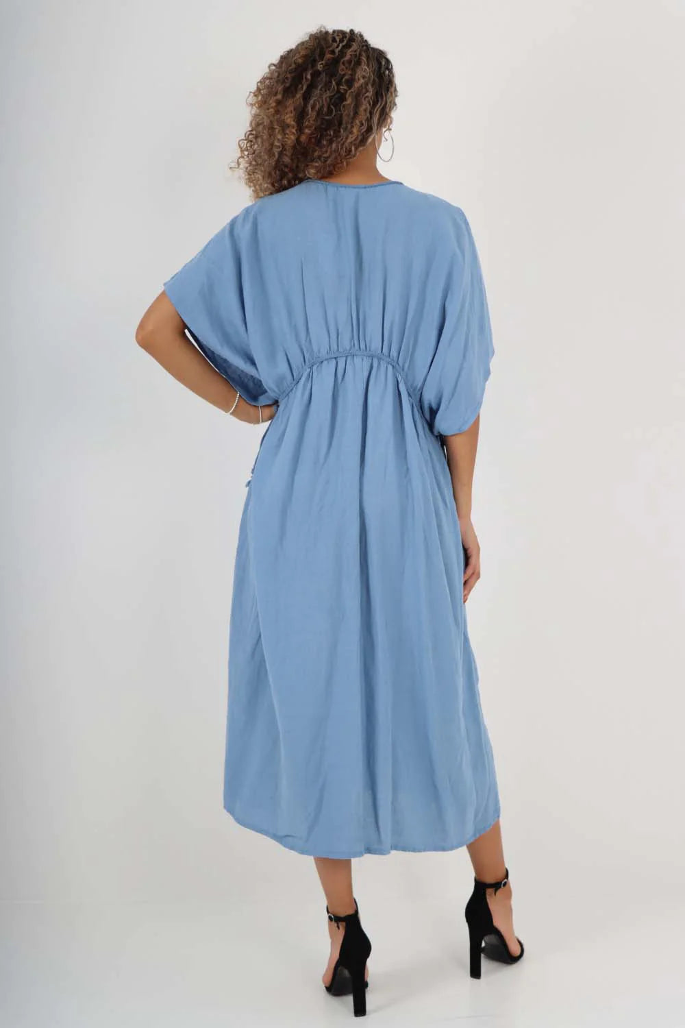 Italian Drawestring Front Flared Linen Dress - Blue