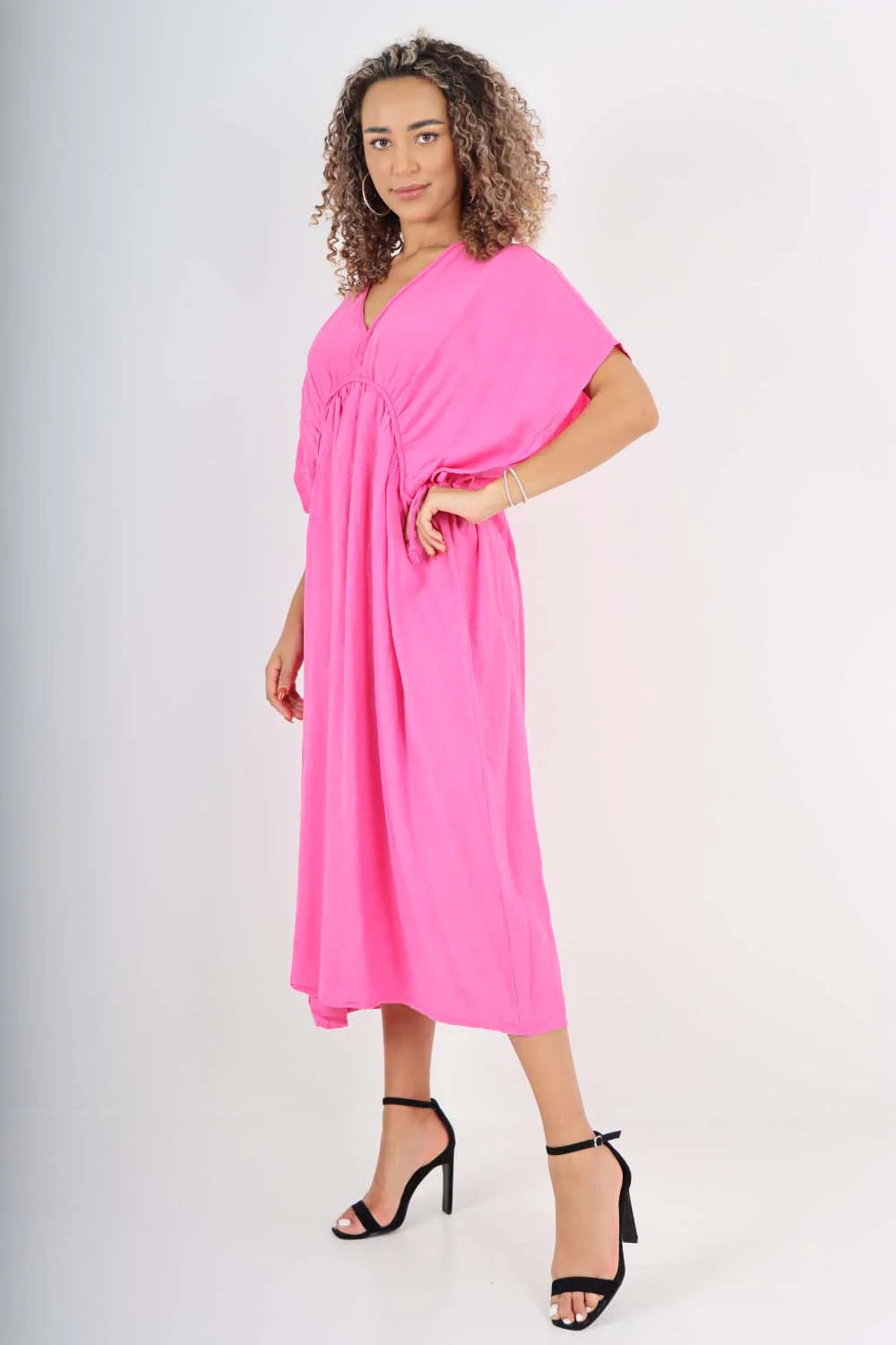 Italian Drawestring Front Flared Linen Dress - Fuchsia