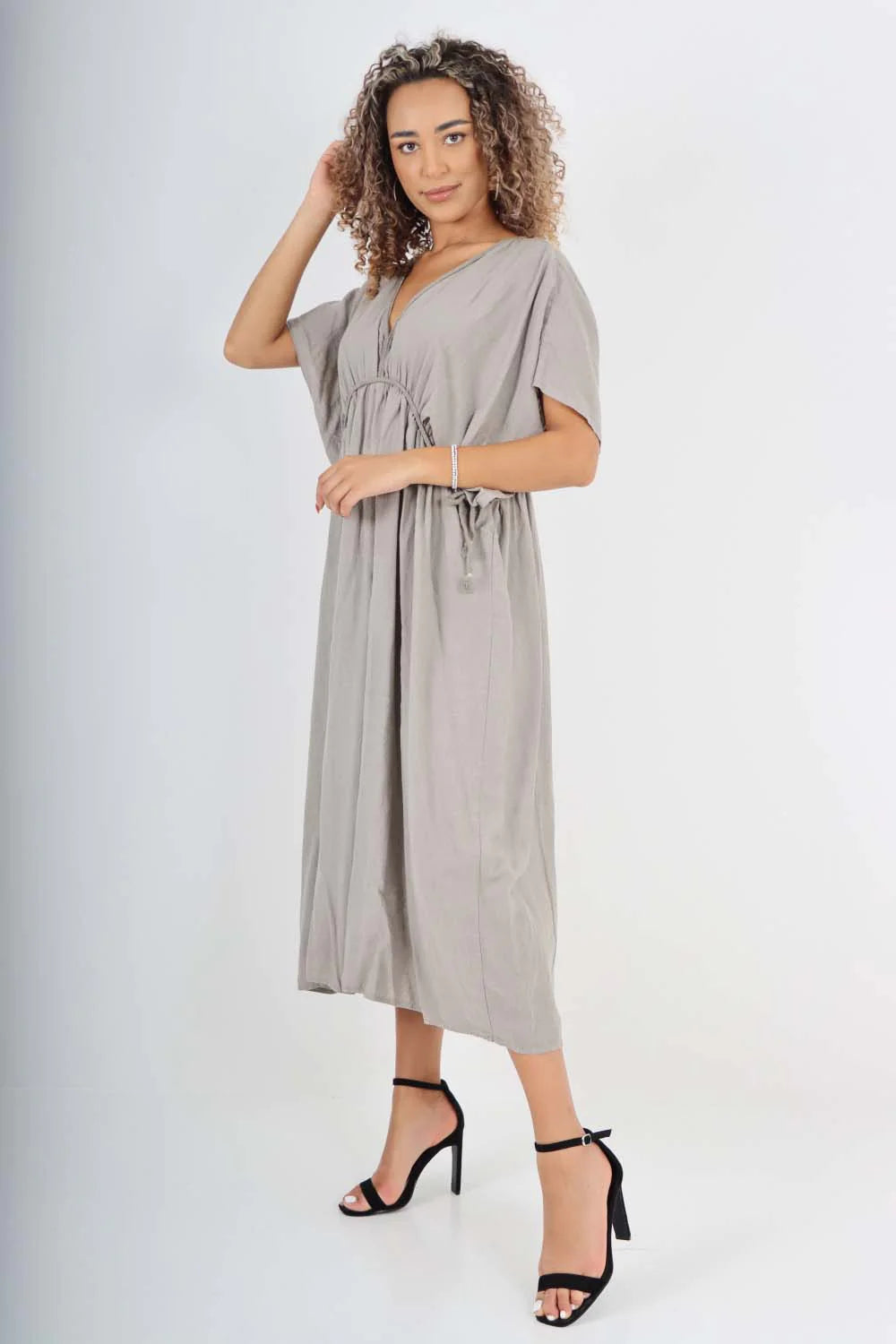 Italian Drawestring Front Flared Linen Dress - Grey