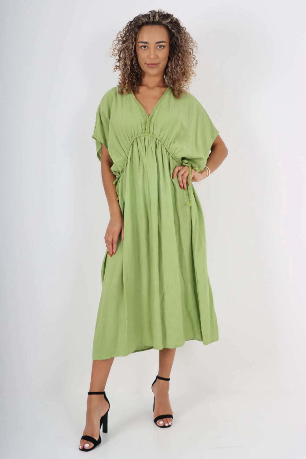 Italian Drawestring Front Flared Linen Dress - Jade Green