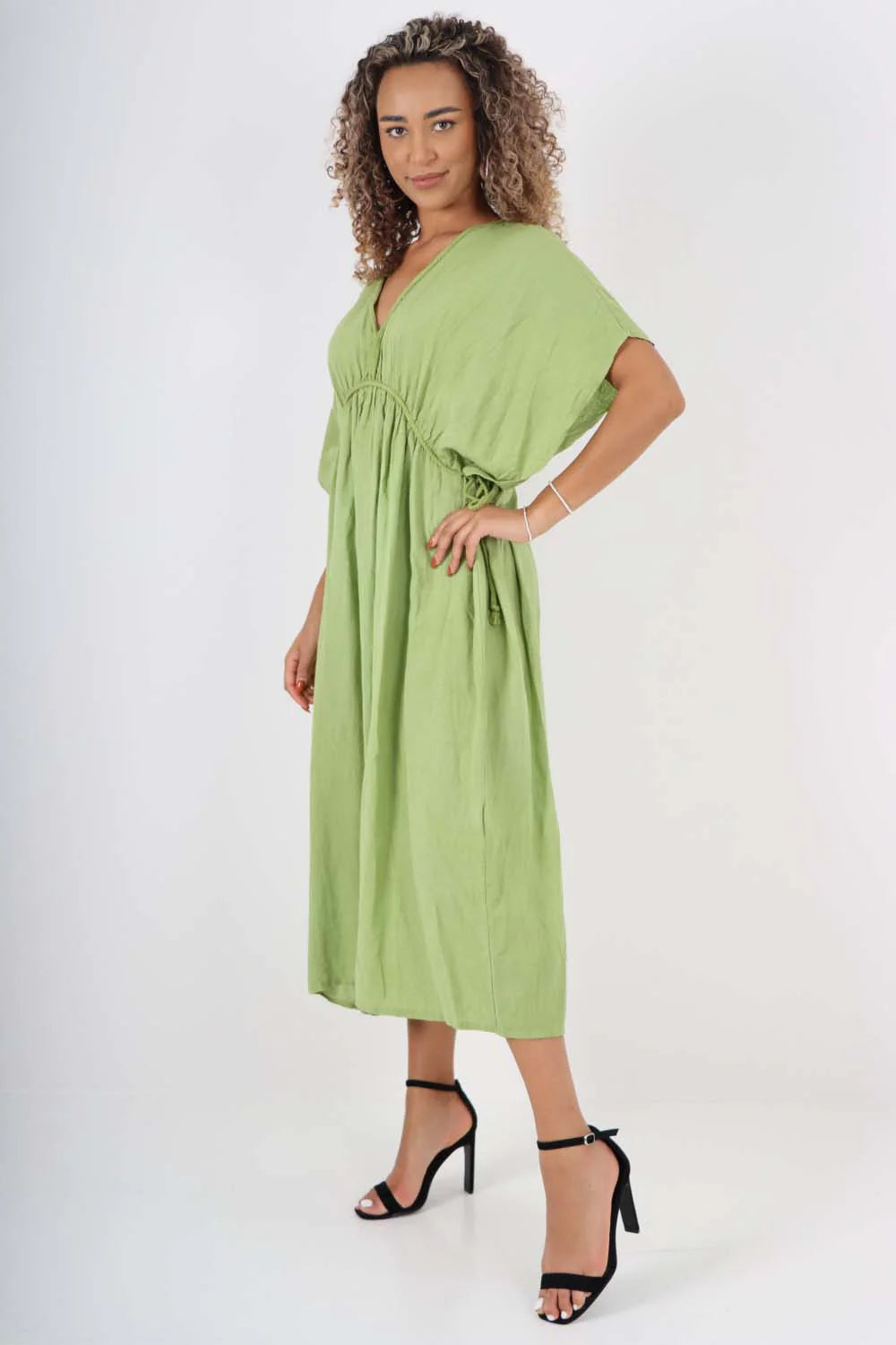 Italian Drawestring Front Flared Linen Dress - Jade Green