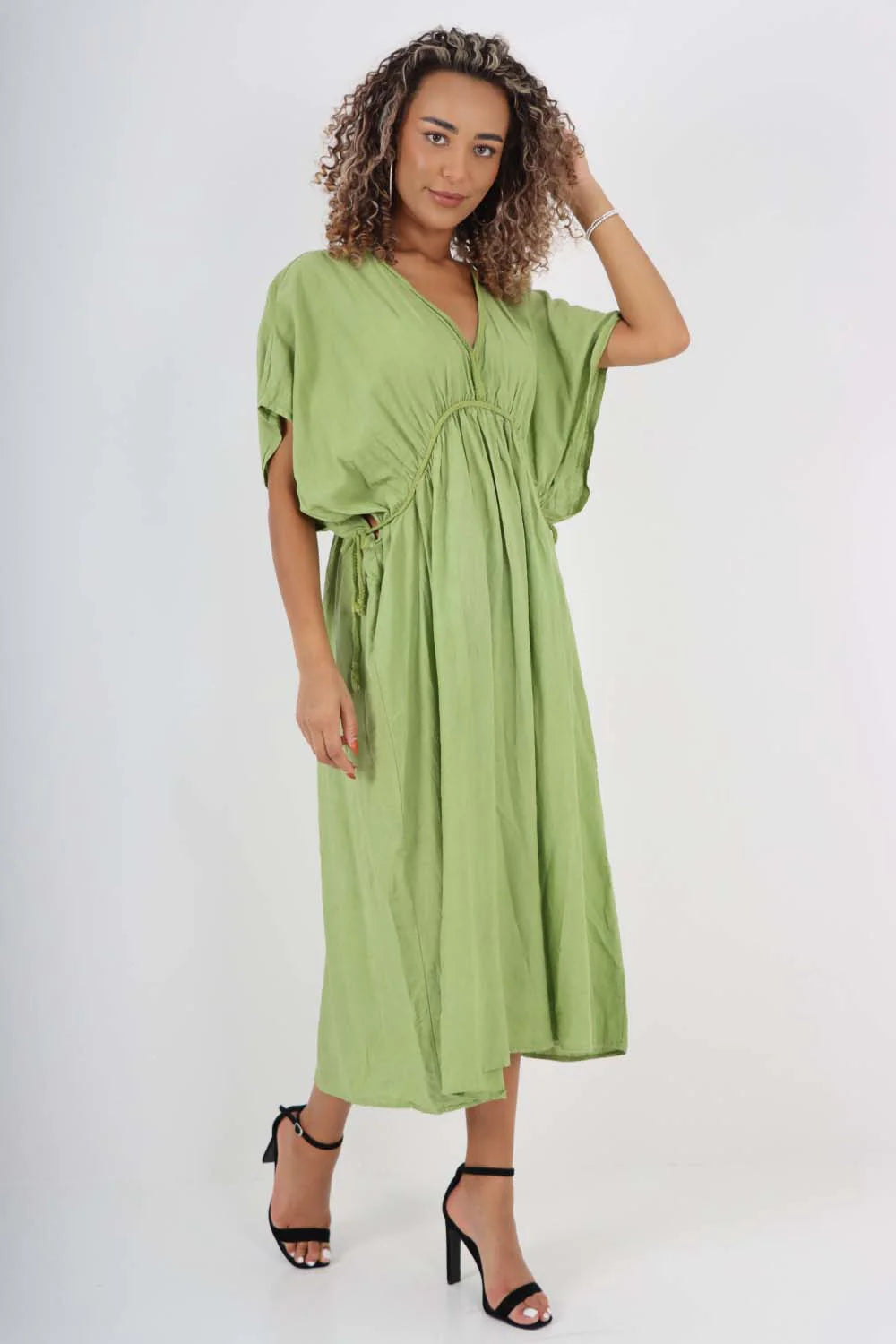 Italian Drawestring Front Flared Linen Dress - Jade Green