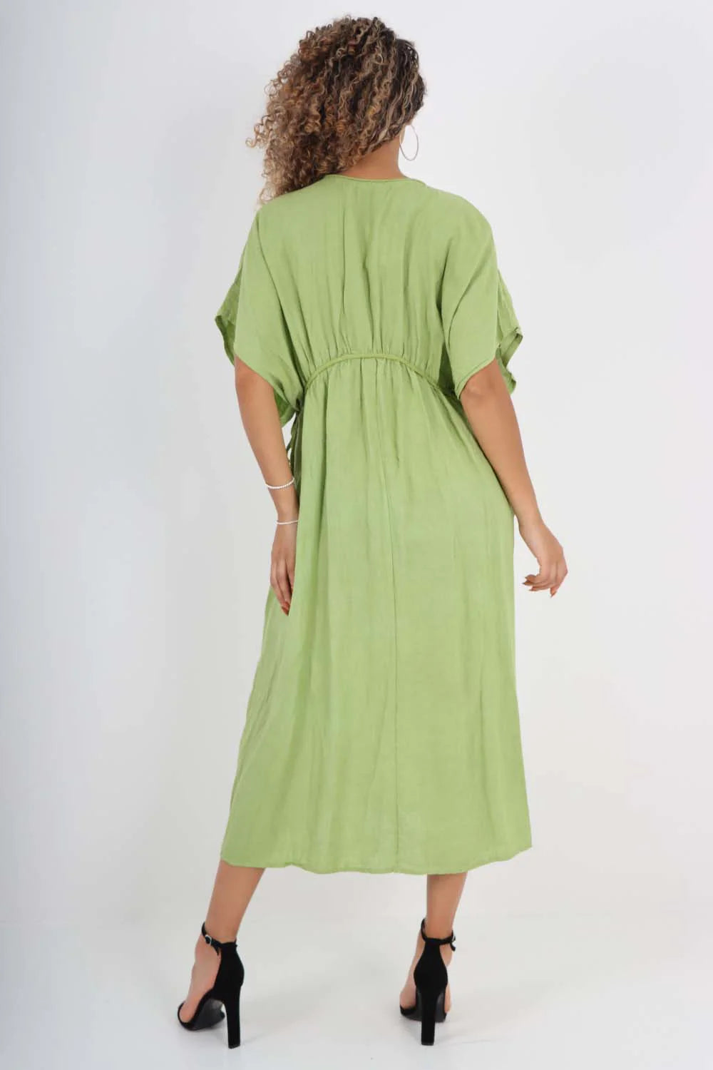 Italian Drawestring Front Flared Linen Dress - Jade Green