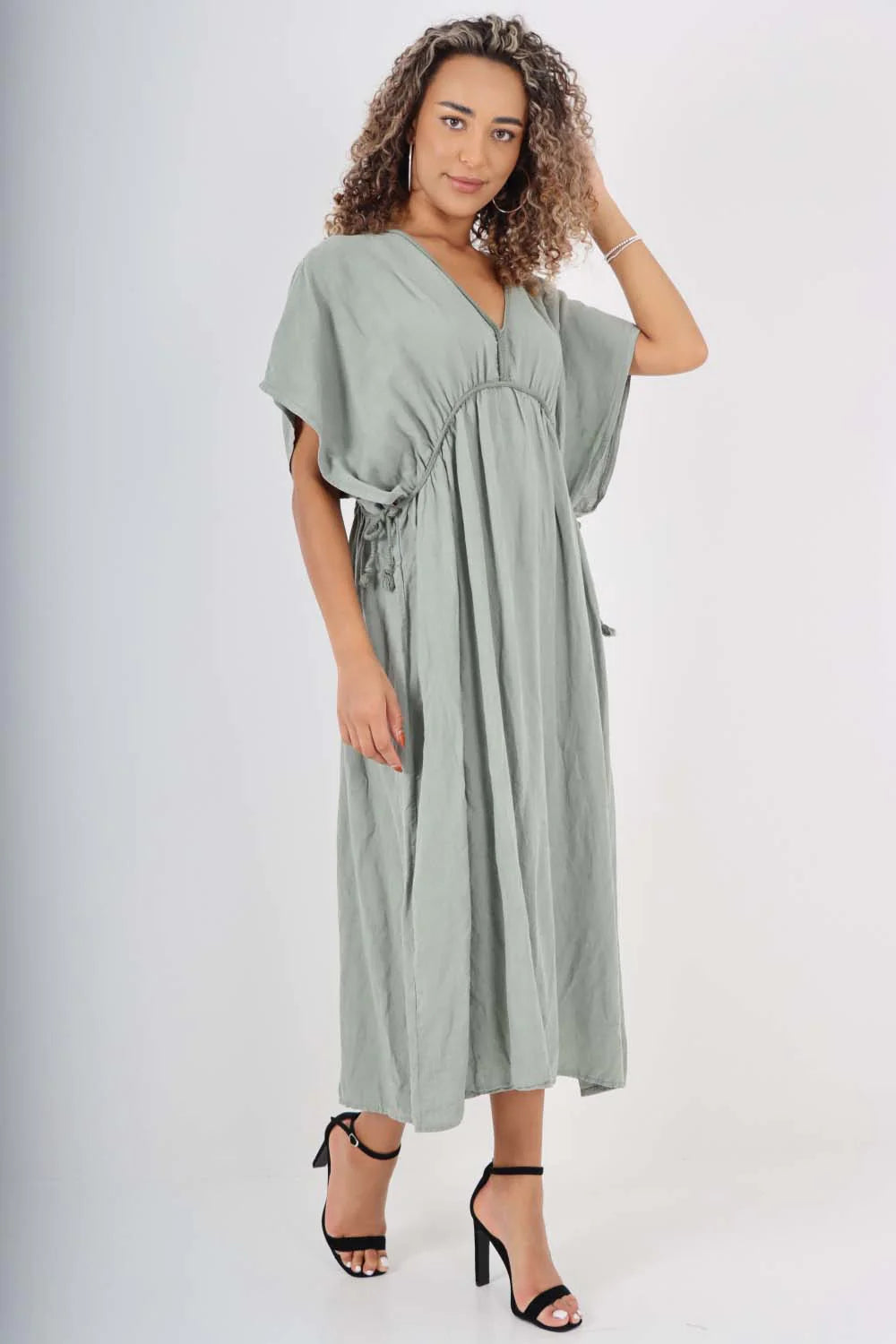 Italian Drawestring Front Flared Linen Dress - Khaki