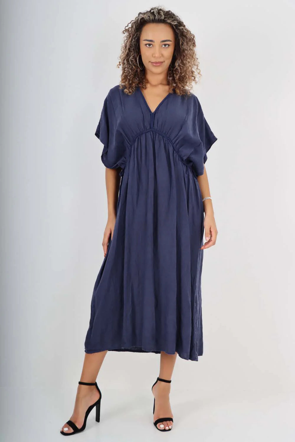 Italian Drawestring Front Flared Linen Dress - Navy Blue