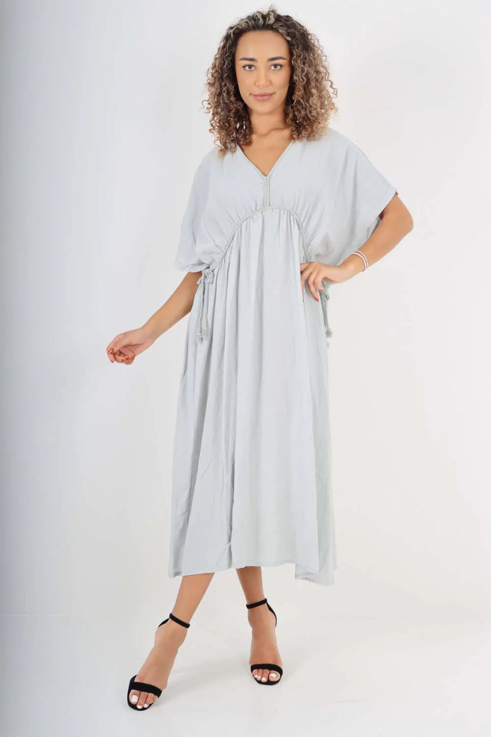 Italian Drawestring Front Flared Linen Dress - Sky Blue