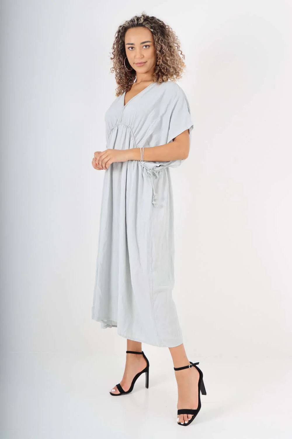 Italian Drawestring Front Flared Linen Dress - Sky Blue