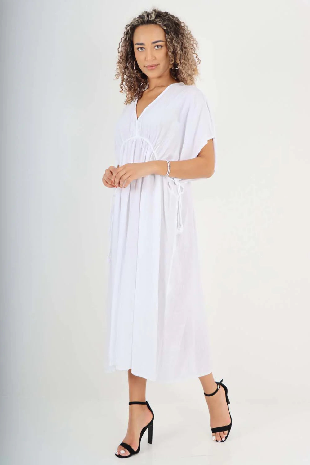 Italian Drawestring Front Flared Linen Dress - White