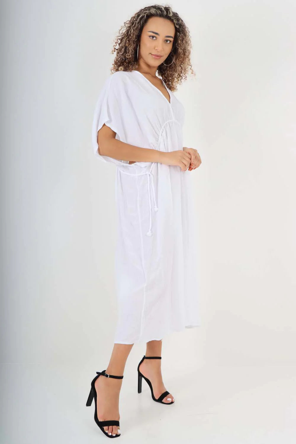 Italian Drawestring Front Flared Linen Dress - White