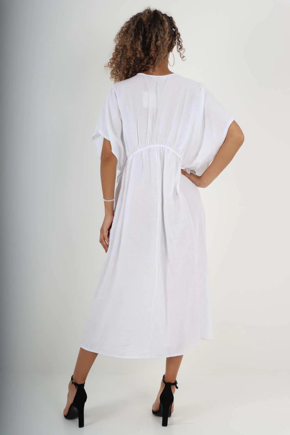 Italian Drawestring Front Flared Linen Dress - White