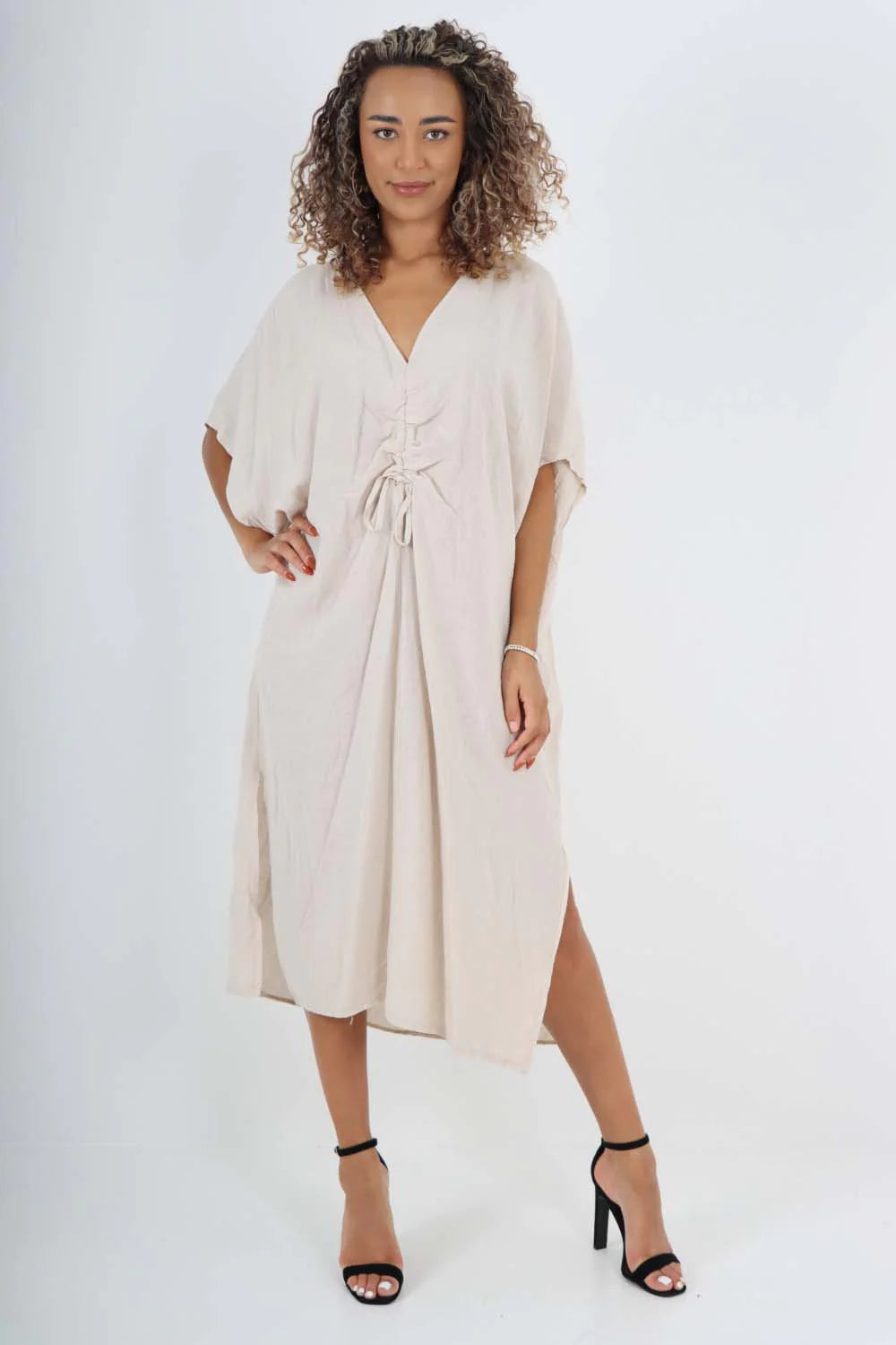 Italian Drawestring Front Side Split Linen Dress - Beige