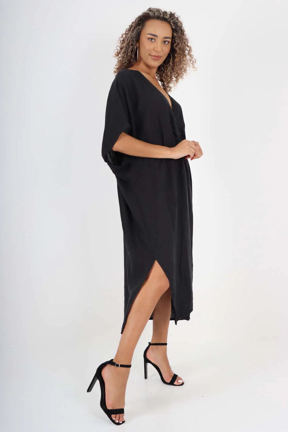 Italian Drawestring Front Side Split Linen Dress - Black