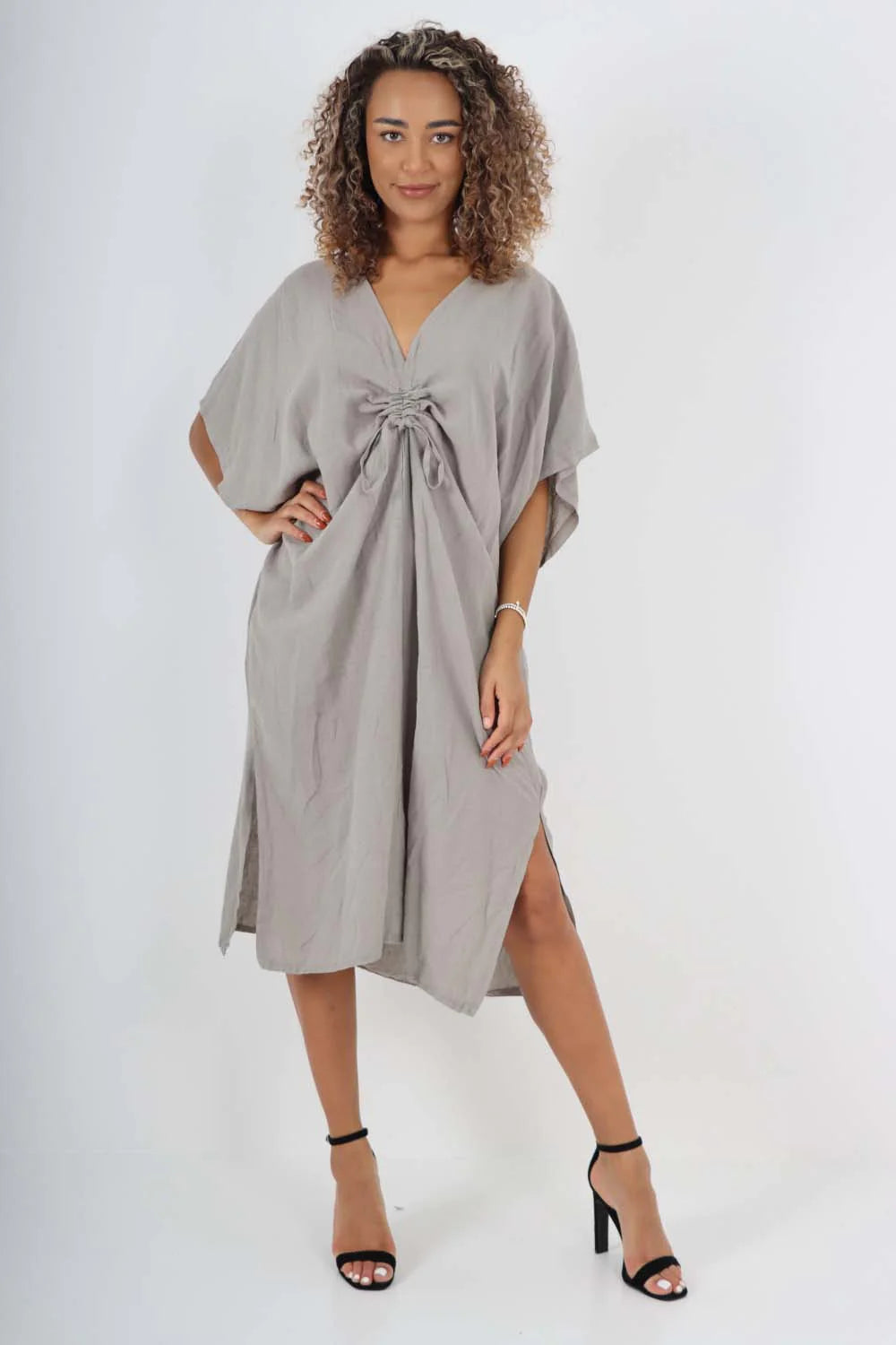 Italian Drawestring Front Side Split Linen Dress - Dark Grey