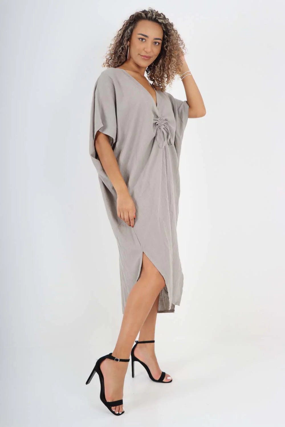 Italian Drawestring Front Side Split Linen Dress - Dark Grey