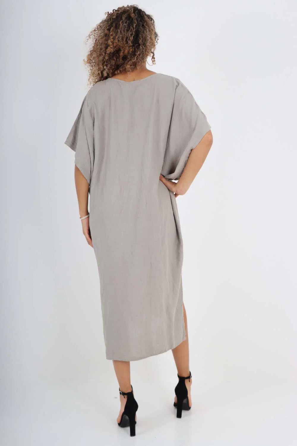 Italian Drawestring Front Side Split Linen Dress - Dark Grey