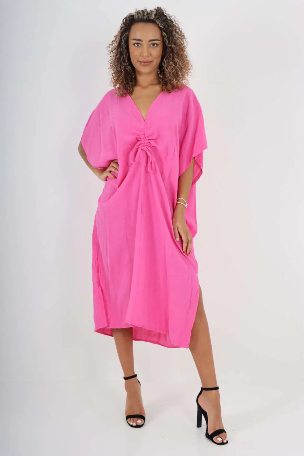 Italian Drawestring Front Side Split Linen Dress - Fuchsia