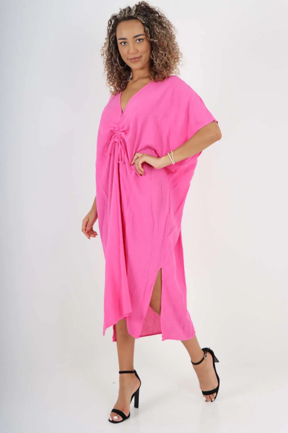 Italian Drawestring Front Side Split Linen Dress - Fuchsia