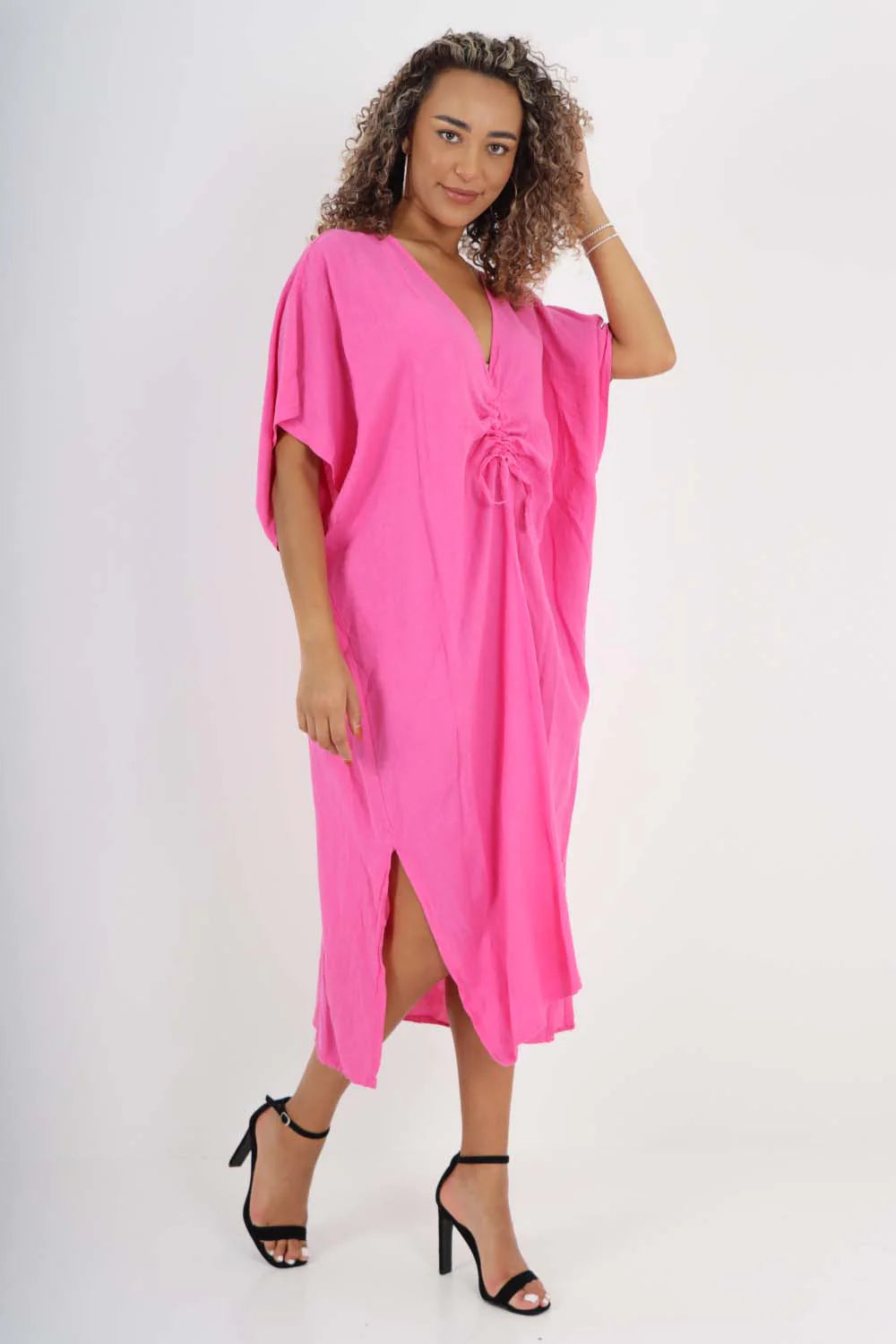 Italian Drawestring Front Side Split Linen Dress - Fuchsia