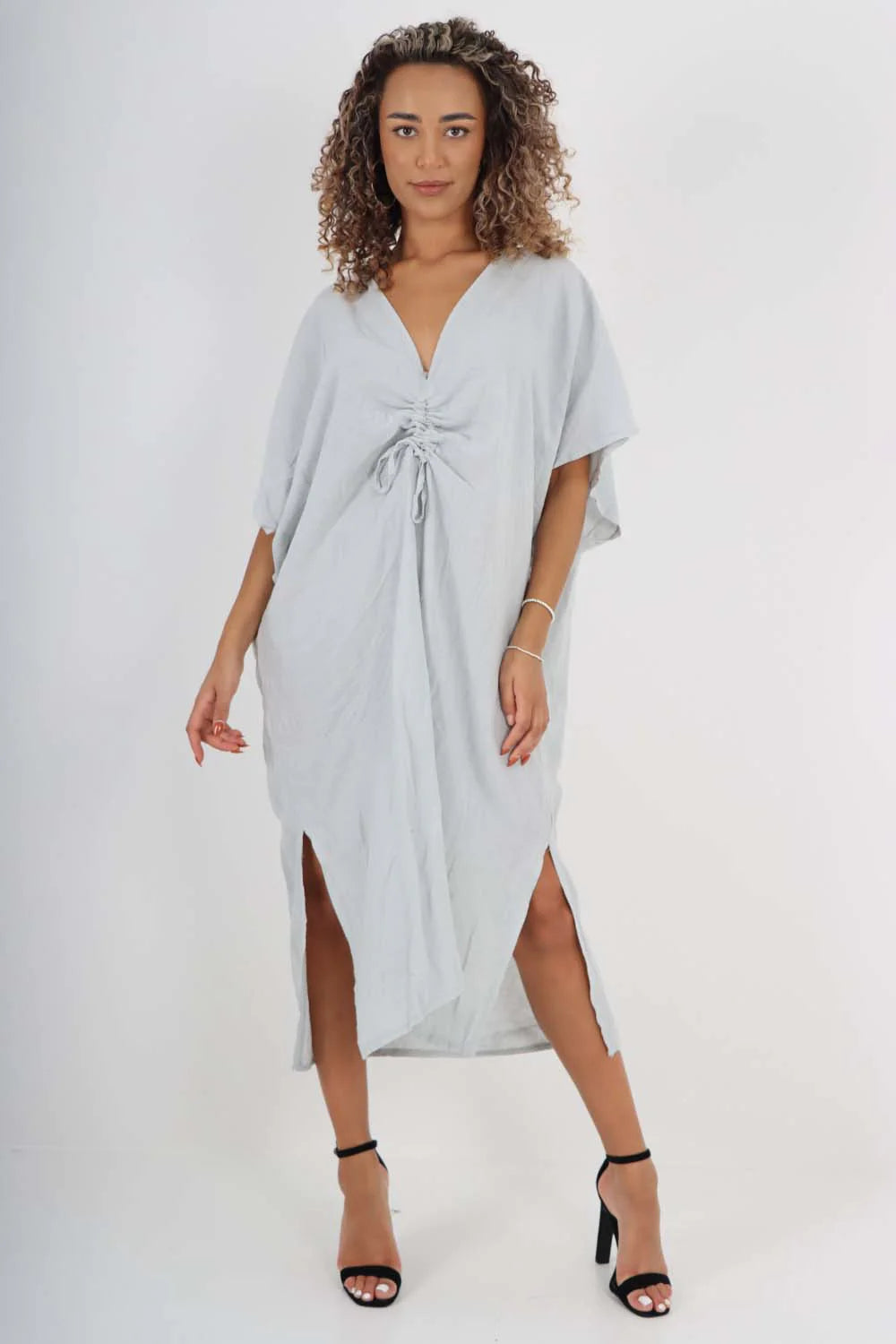 Italian Drawestring Front Side Split Linen Dress - Grey