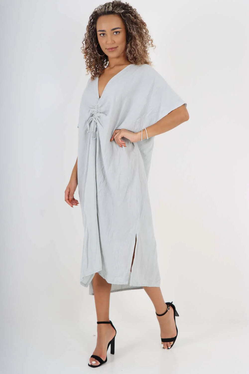 Italian Drawestring Front Side Split Linen Dress - Grey