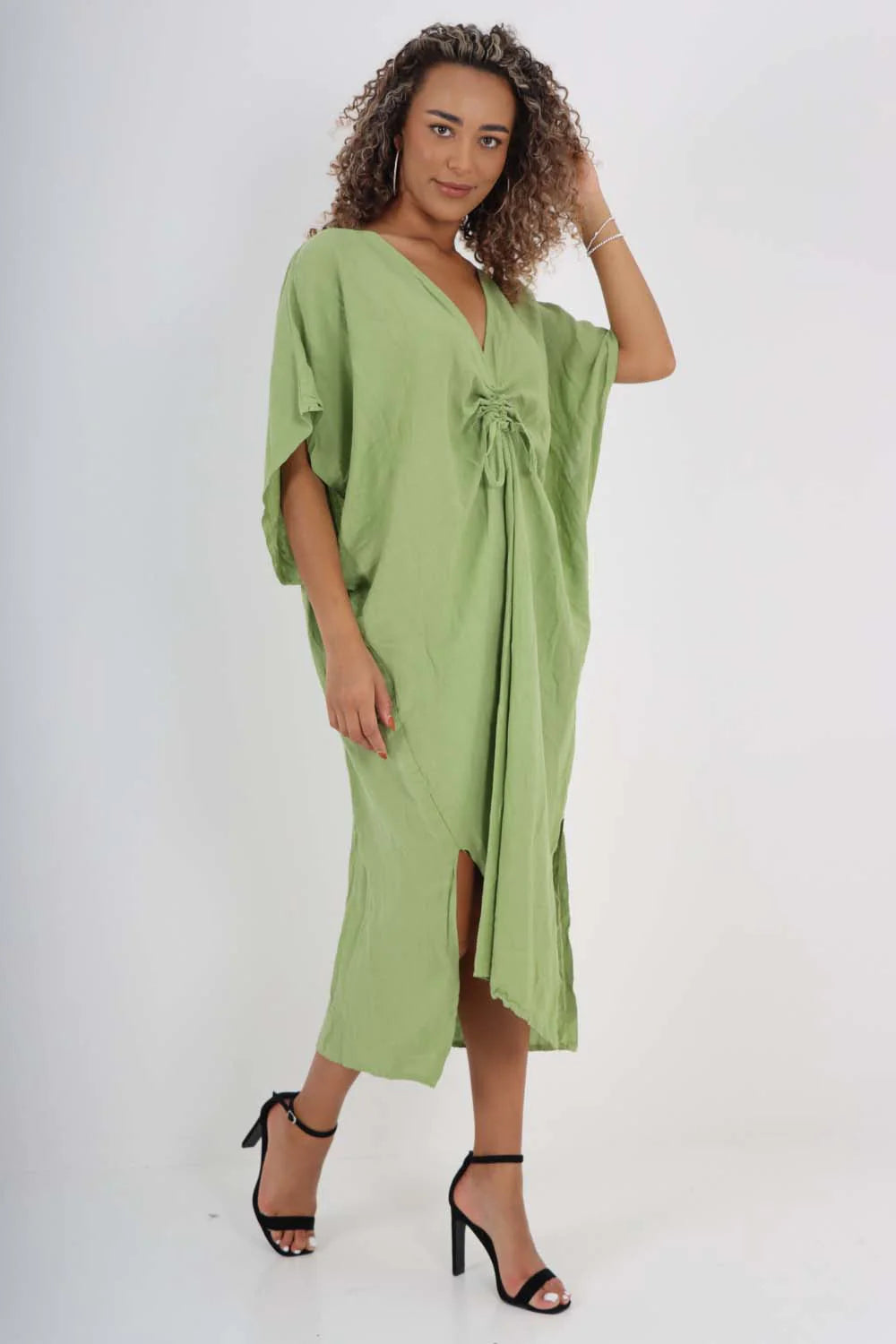 Italian Drawestring Front Side Split Linen Dress - Jade Green