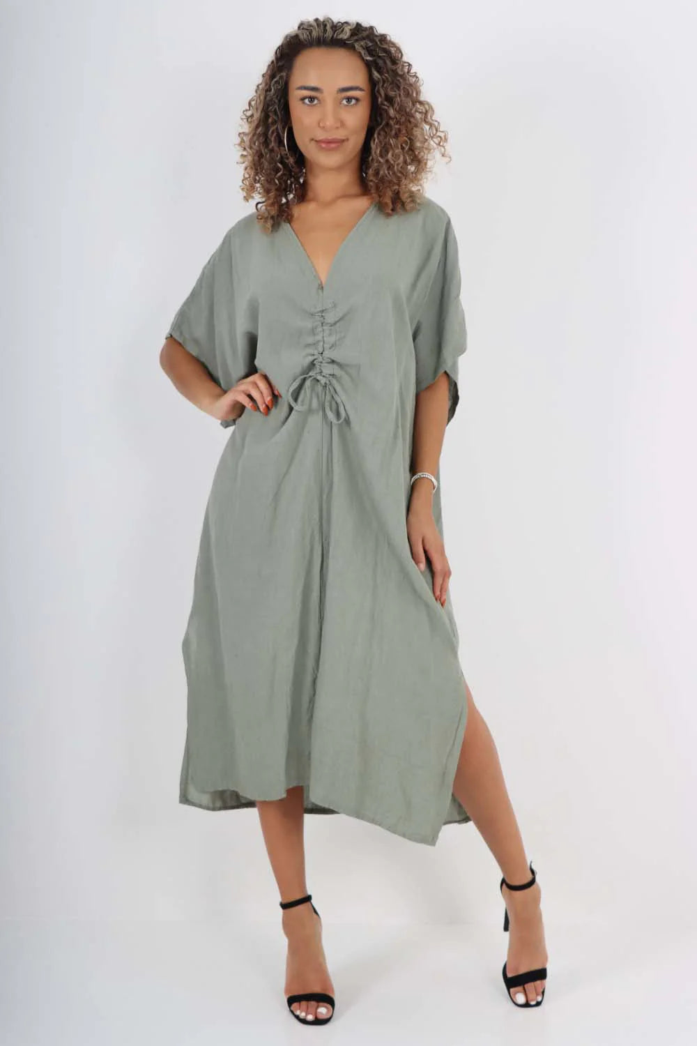 Italian Drawestring Front Side Split Linen Dress - Khaki