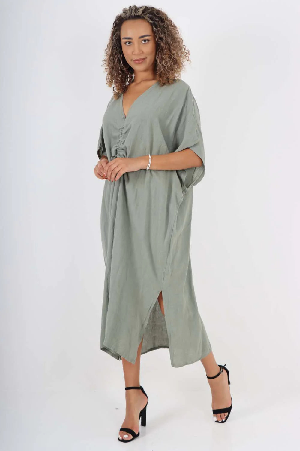 Italian Drawestring Front Side Split Linen Dress - Khaki