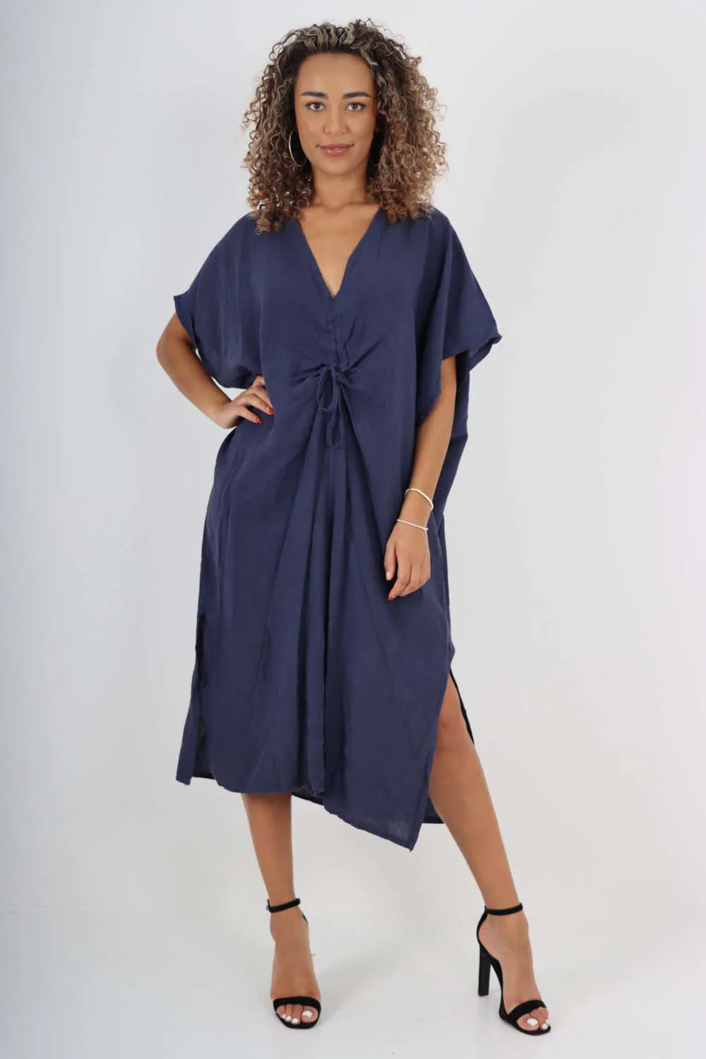 Italian Drawestring Front Side Split Linen Dress - Navy Blue