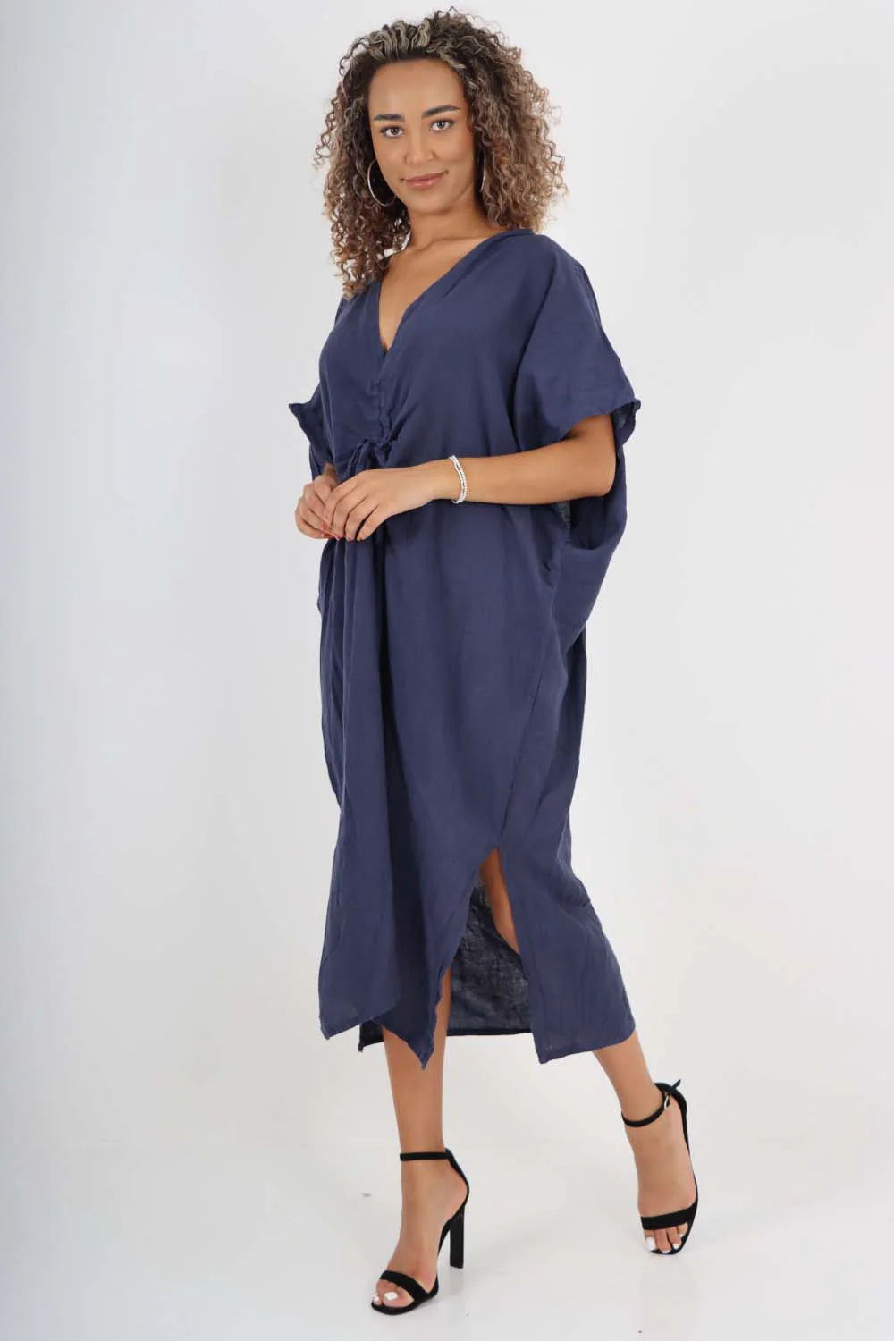 Italian Drawestring Front Side Split Linen Dress - Navy Blue