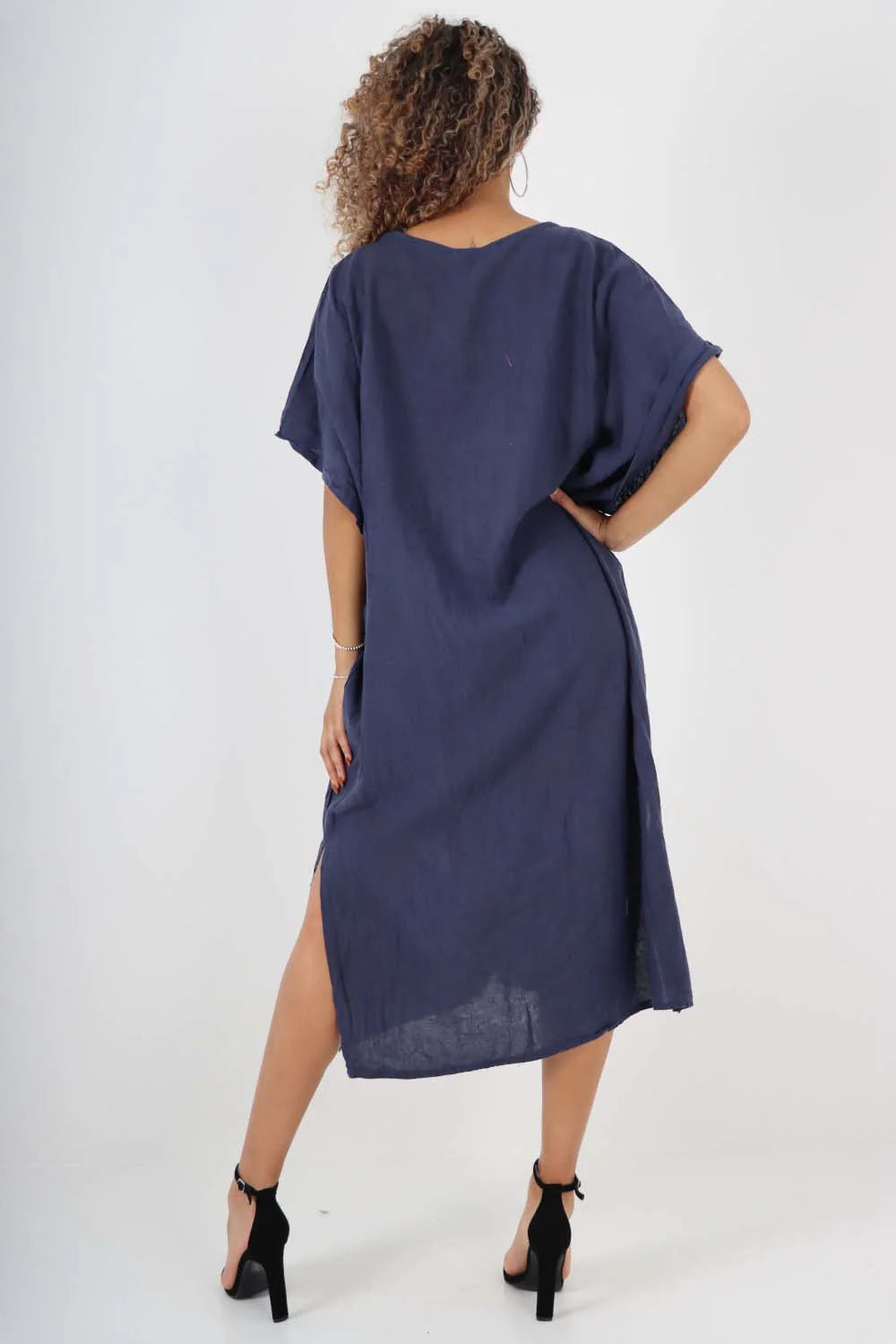 Italian Drawestring Front Side Split Linen Dress - Navy Blue