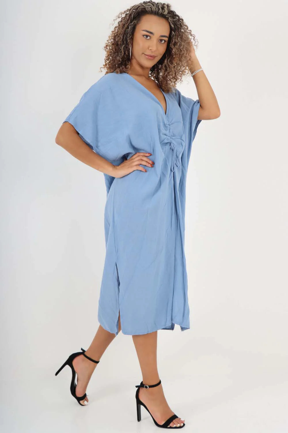 Italian Drawestring Front Side Split Linen Dress - Sky Blue