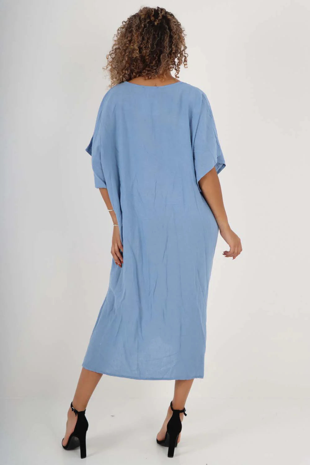 Italian Drawestring Front Side Split Linen Dress - Sky Blue