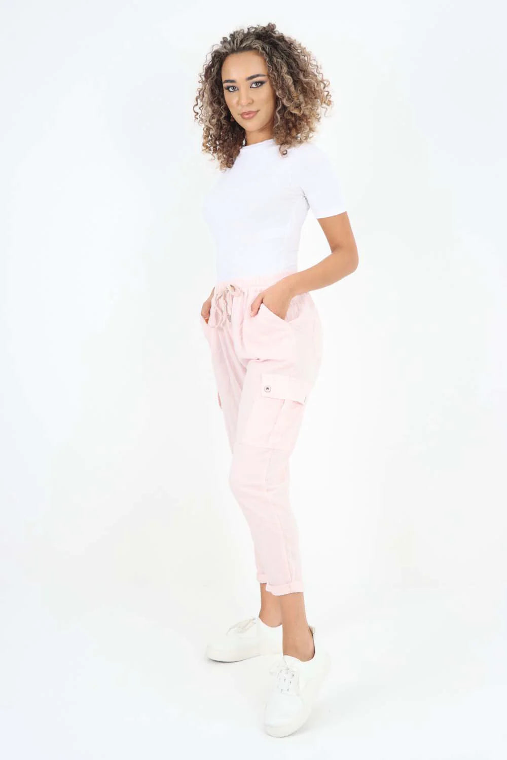 Italian Full Length Linen Cargo Pants - Baby Pink