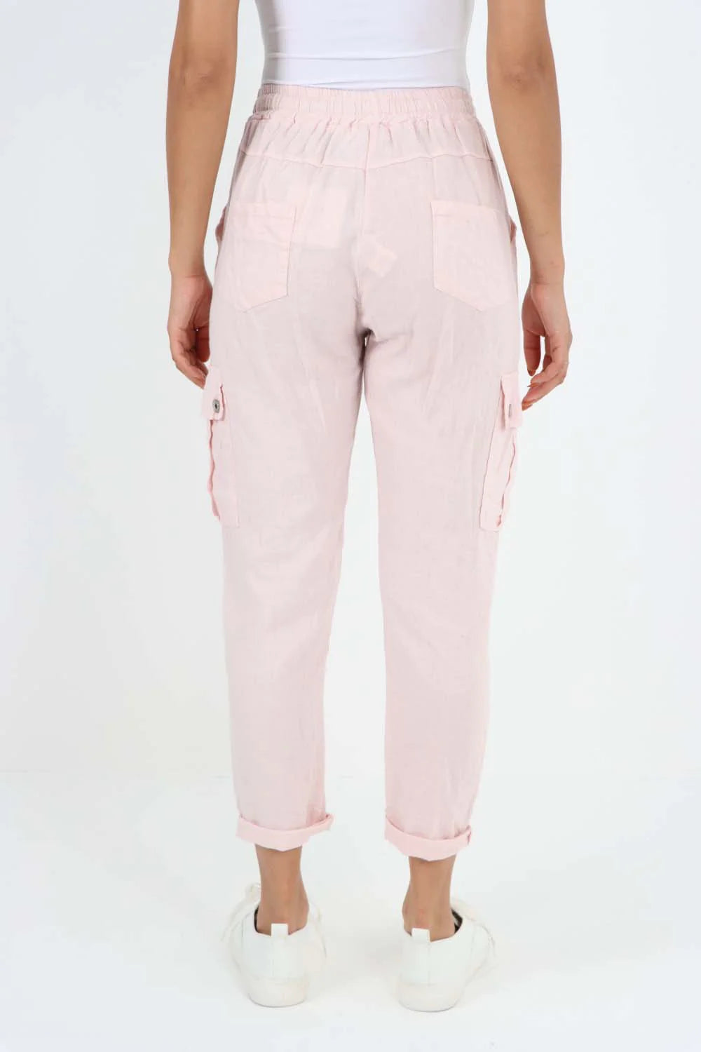 Italian Full Length Linen Cargo Pants - Baby Pink