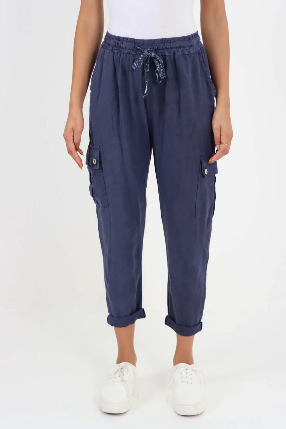 Italian Full Length Linen Cargo Pants - Dark Denim