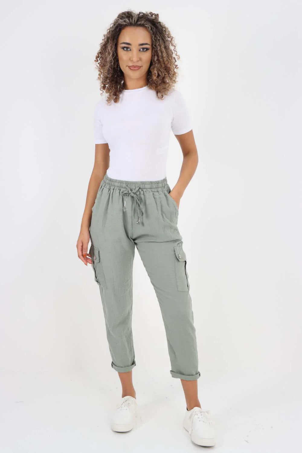 Italian Full Length Linen Cargo Pants - Khaki