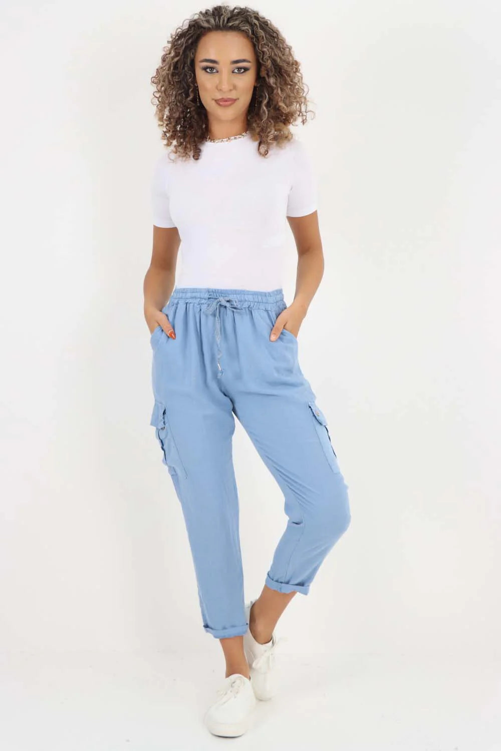 Italian Full Length Linen Cargo Pants - Light Denim