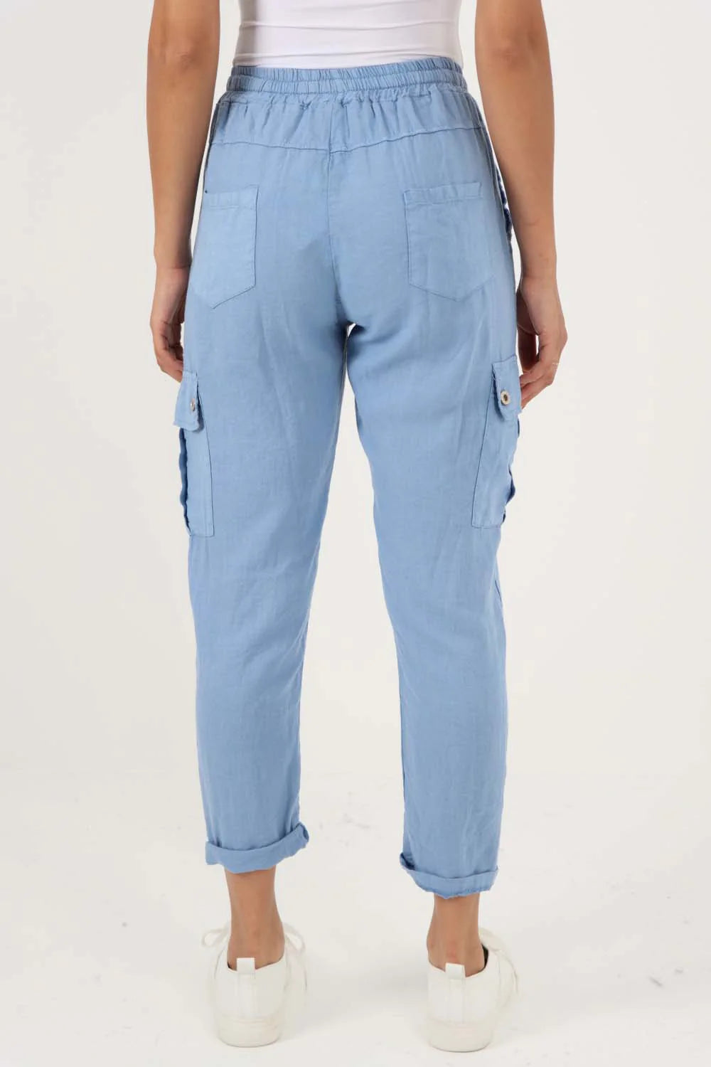 Italian Full Length Linen Cargo Pants - Light Denim