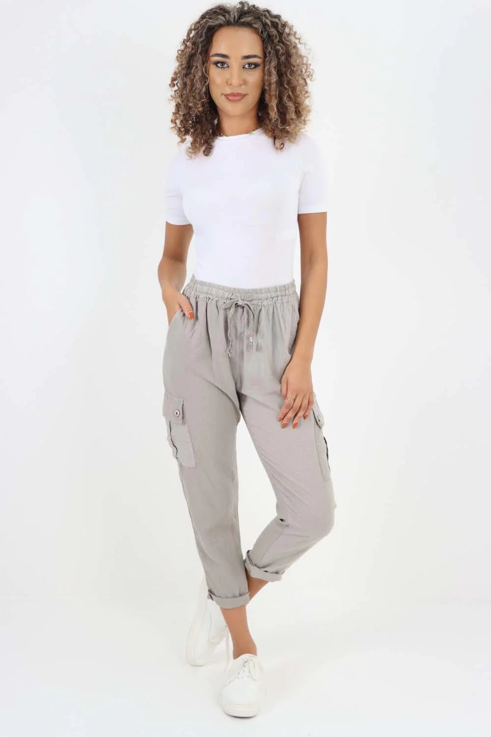 Italian Full Length Linen Cargo Pants - Stone