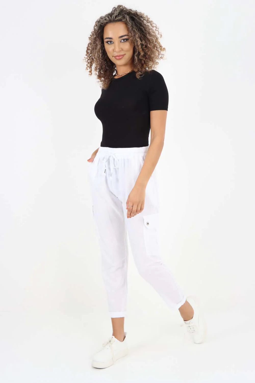 Italian Full Length Linen Cargo Pants - White