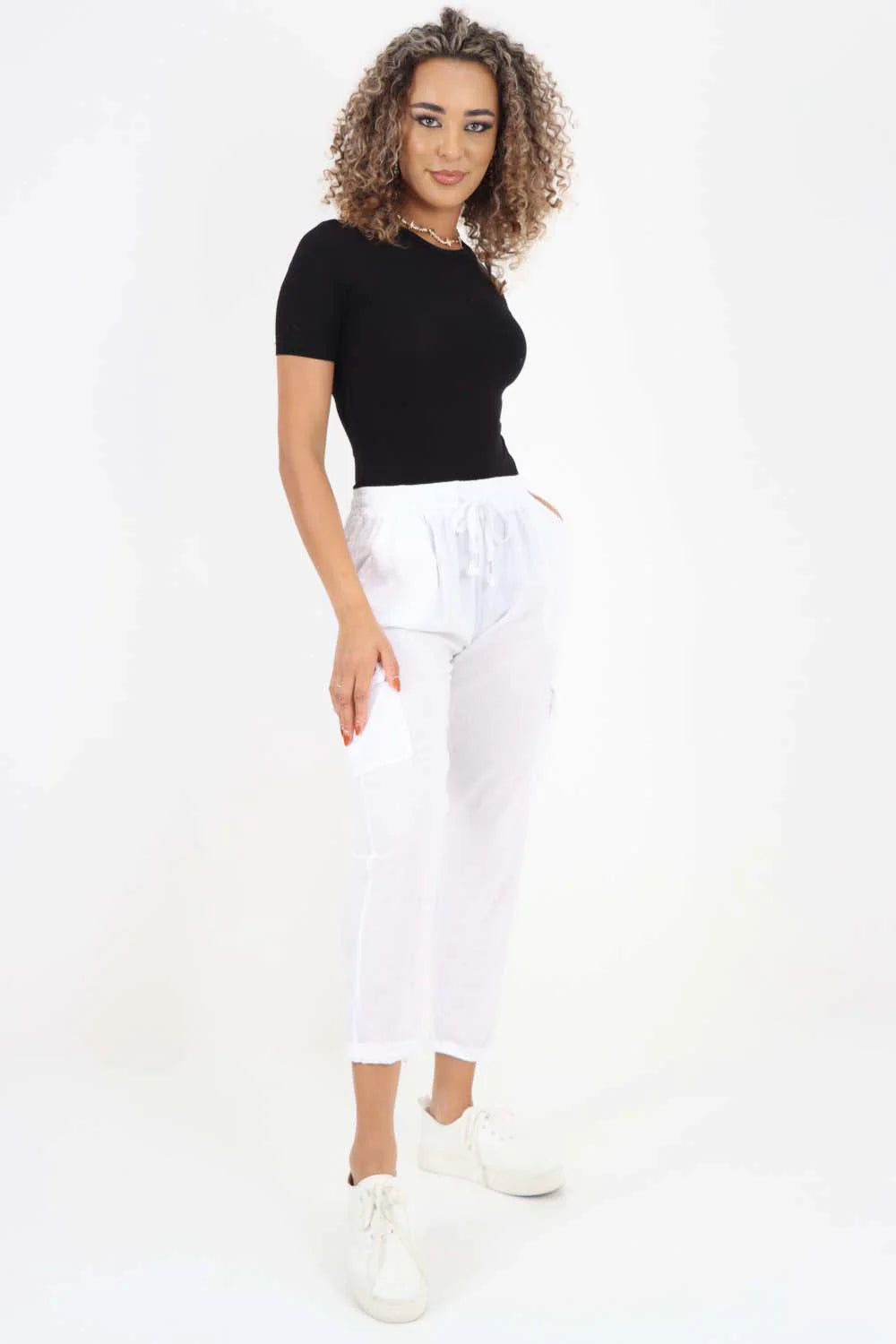 Italian Full Length Linen Cargo Pants - White