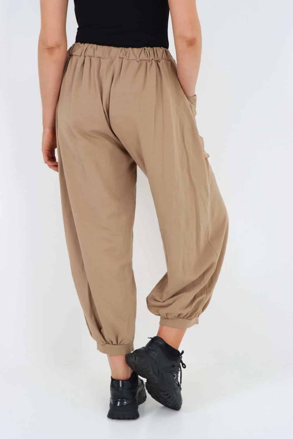 Italian Drawstring Cotton Harem Trousers With Side Pockets - Beige