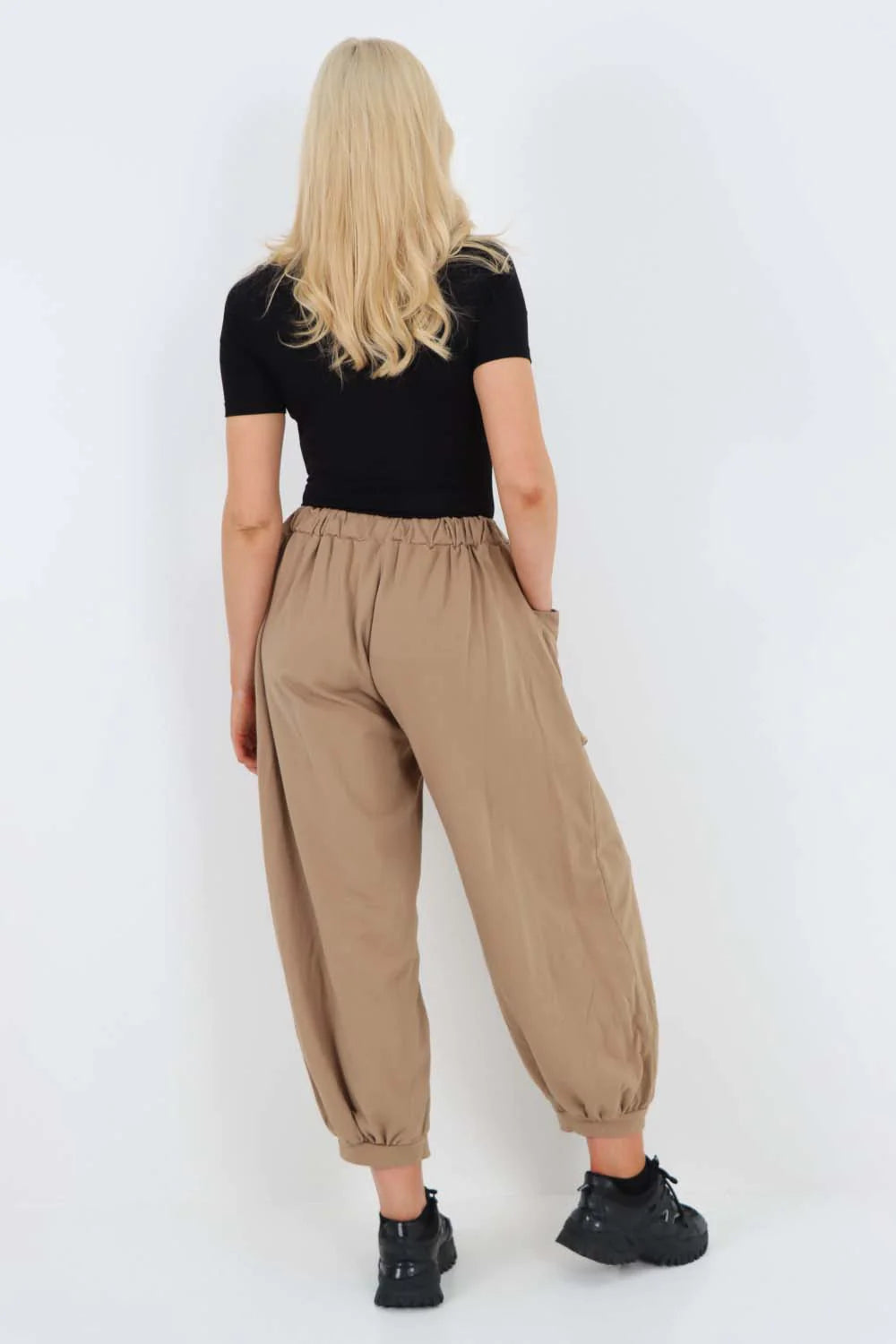 Italian Drawstring Cotton Harem Trousers With Side Pockets - Beige